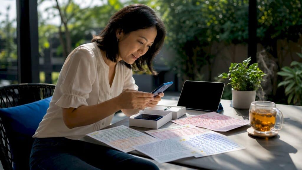 Woman reviewing tech product with printed reviews