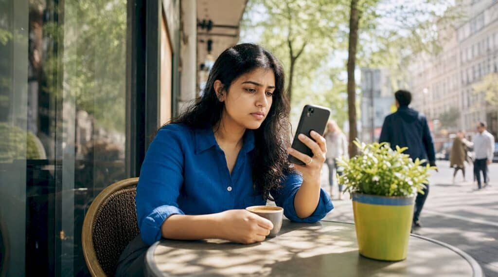 Woman verifying tech reviews at home desk