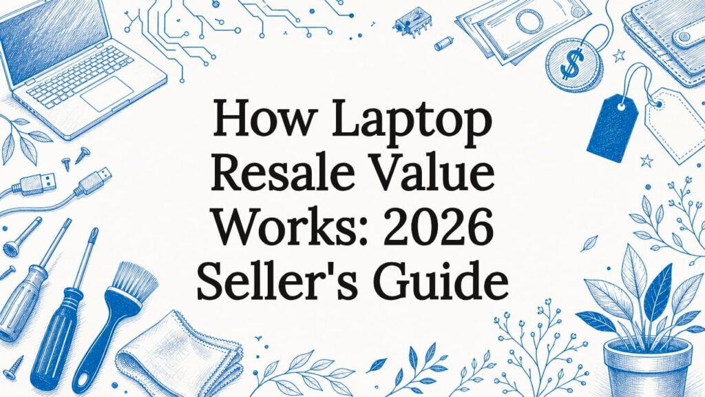 Decorative title card illustration with laptop and resale icons