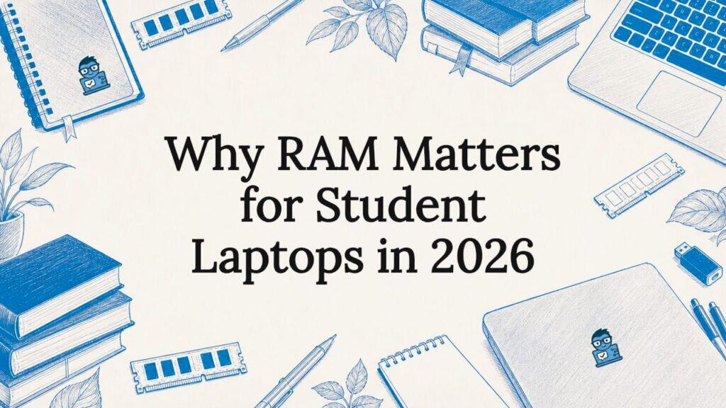 Decorative title card illustration with laptops and RAM sketches