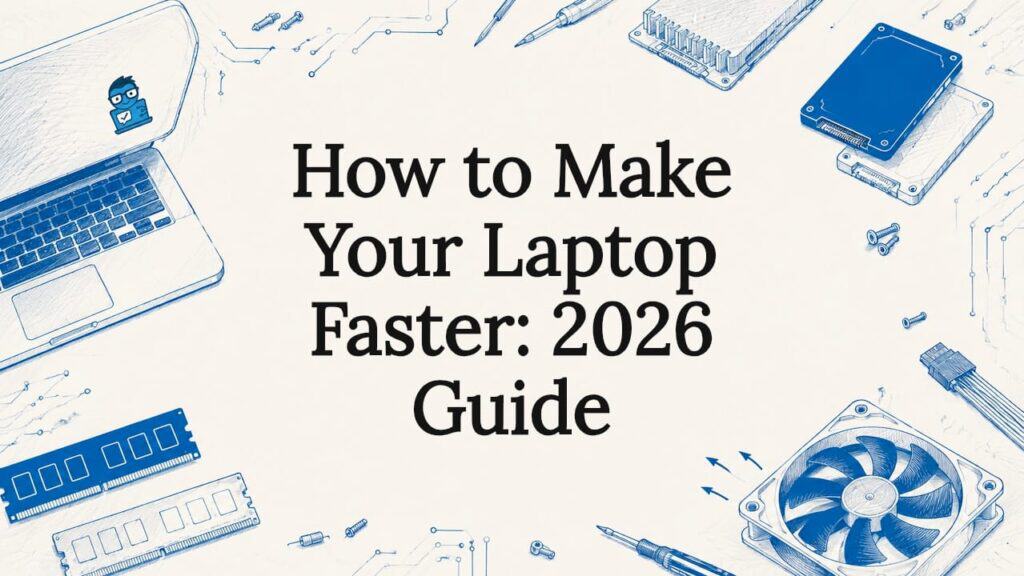 Decorative laptop speed title card illustration