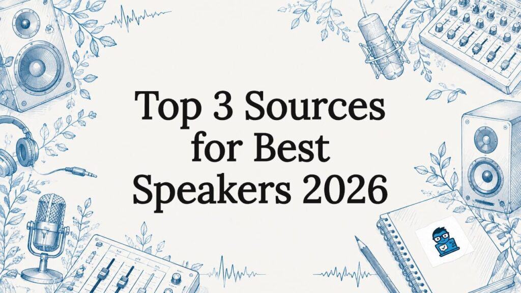 Decorative illustration framing title card with speaker and audio-themed elements