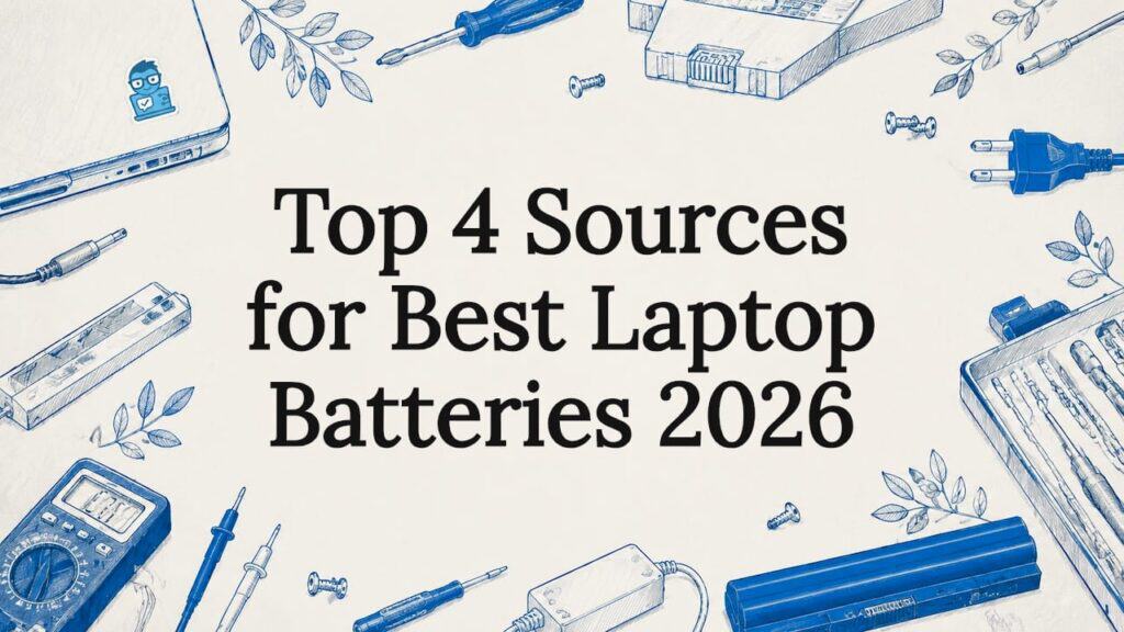 Decorative hand-drawn laptop battery title card illustration