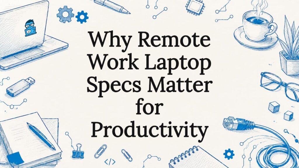 Decorative title card illustration for remote work laptops
