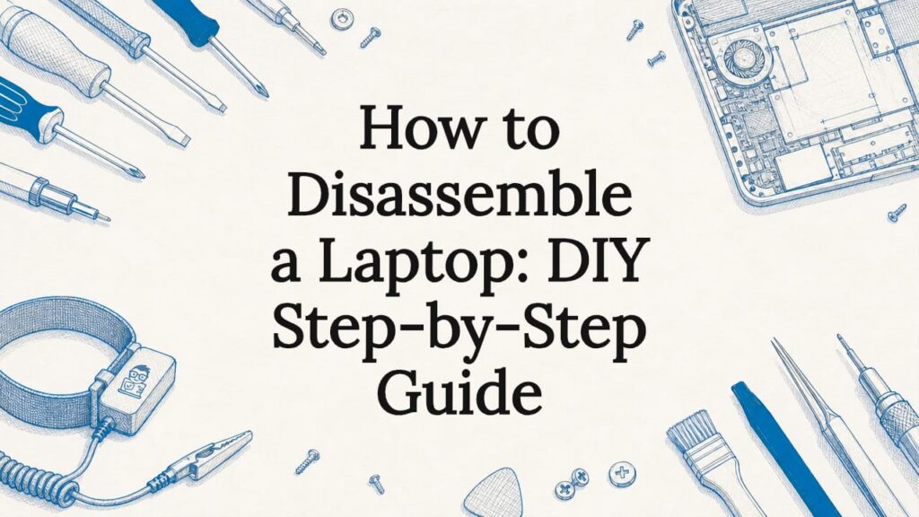 Decorative hand-drawn title card with laptop tools