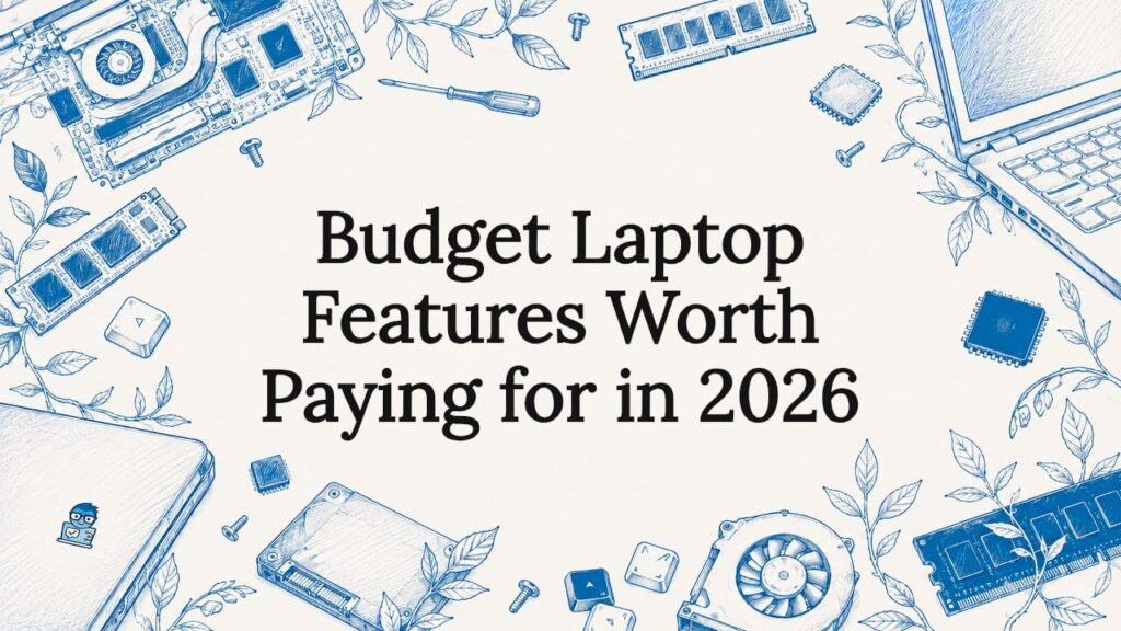 Decorative laptop feature title card illustration