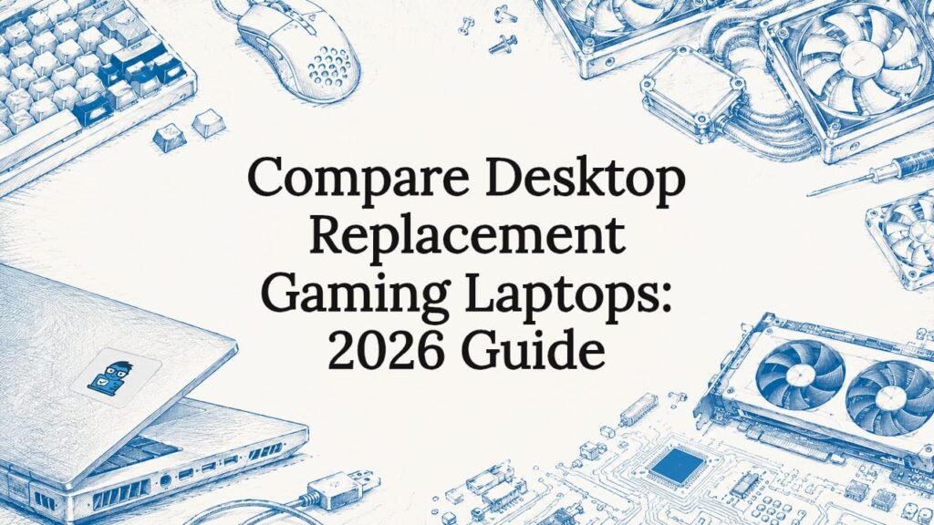Hand-drawn gaming laptop themed title card illustration