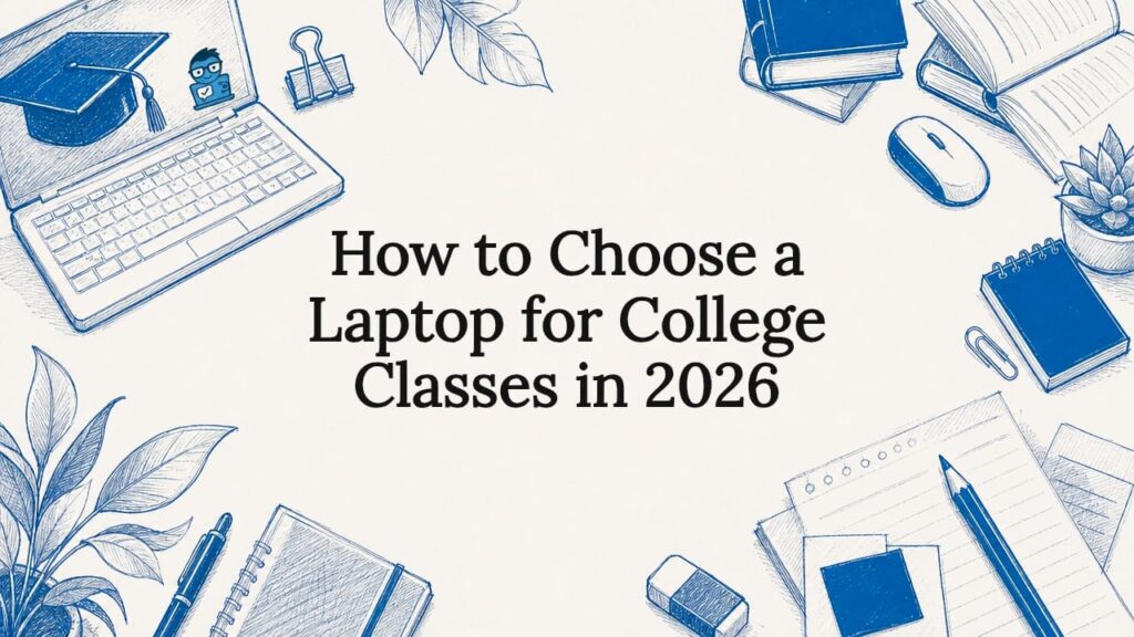 Decorative laptop and college-themed title card illustration