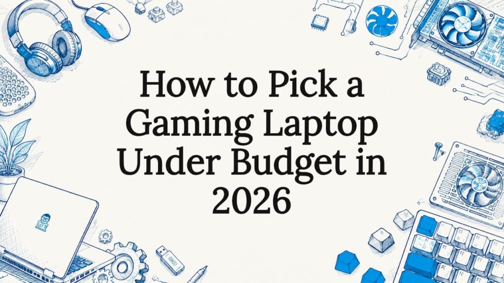 Decorative title card illustration with gaming laptop themed sketches