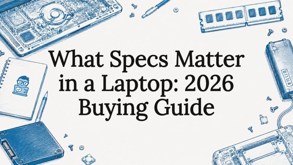 Decorative title card illustration with laptop components