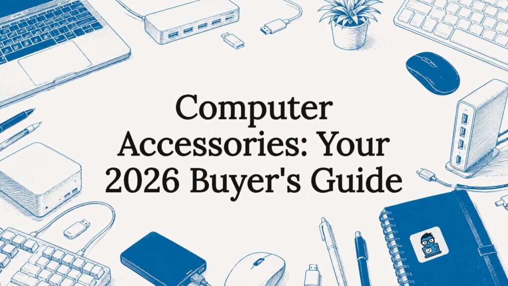 Decorative title card illustration of computer accessories