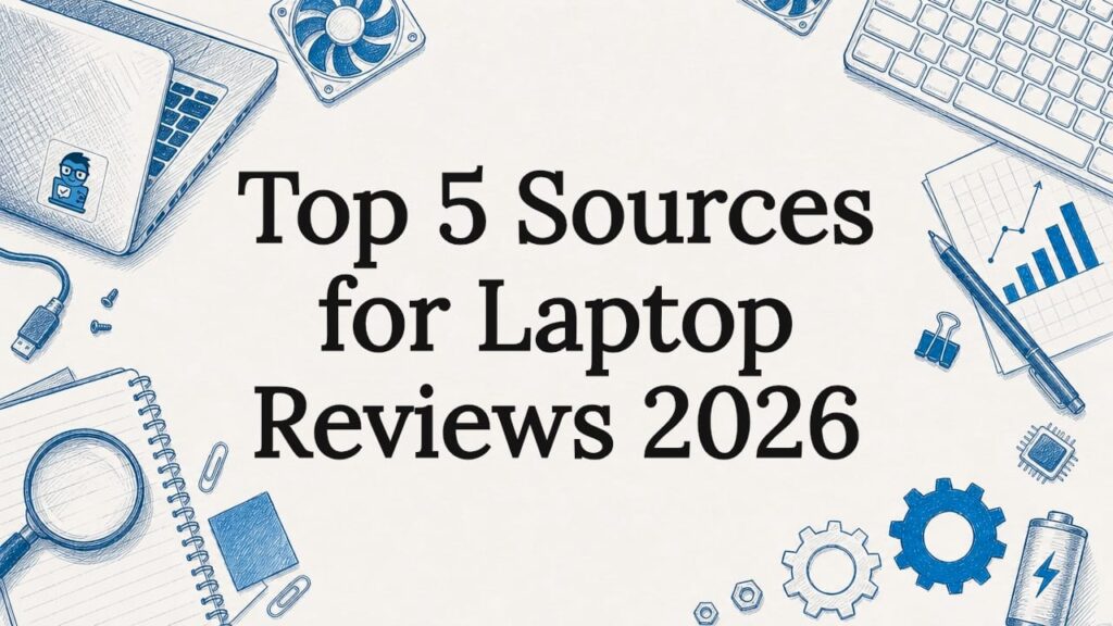 Decorative illustration framing for laptop review title card