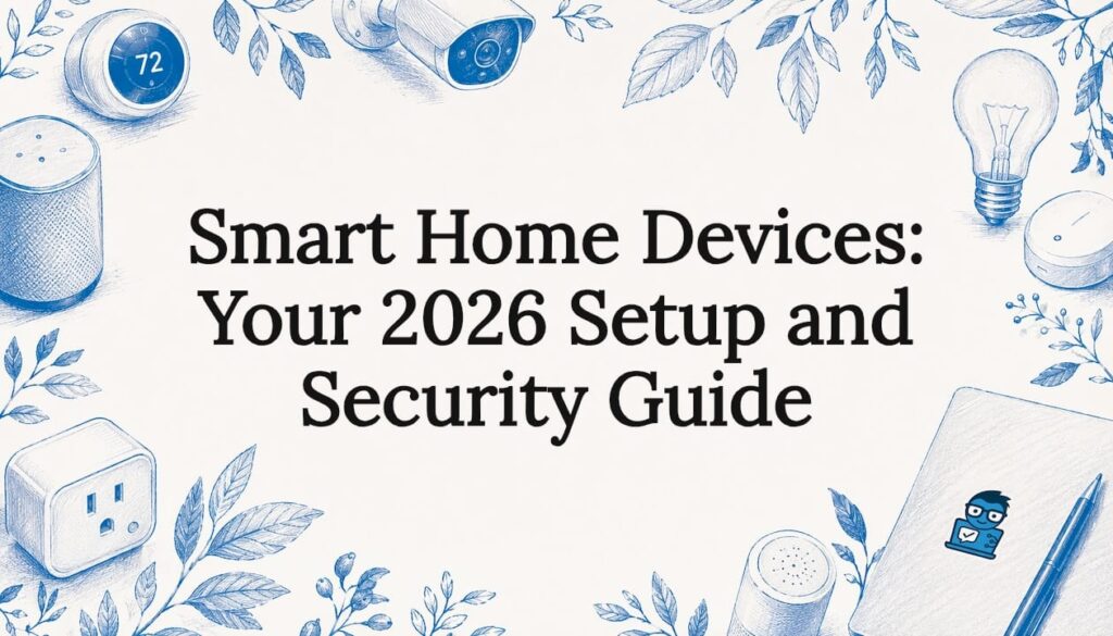 Decorative illustrated title card with smart home devices