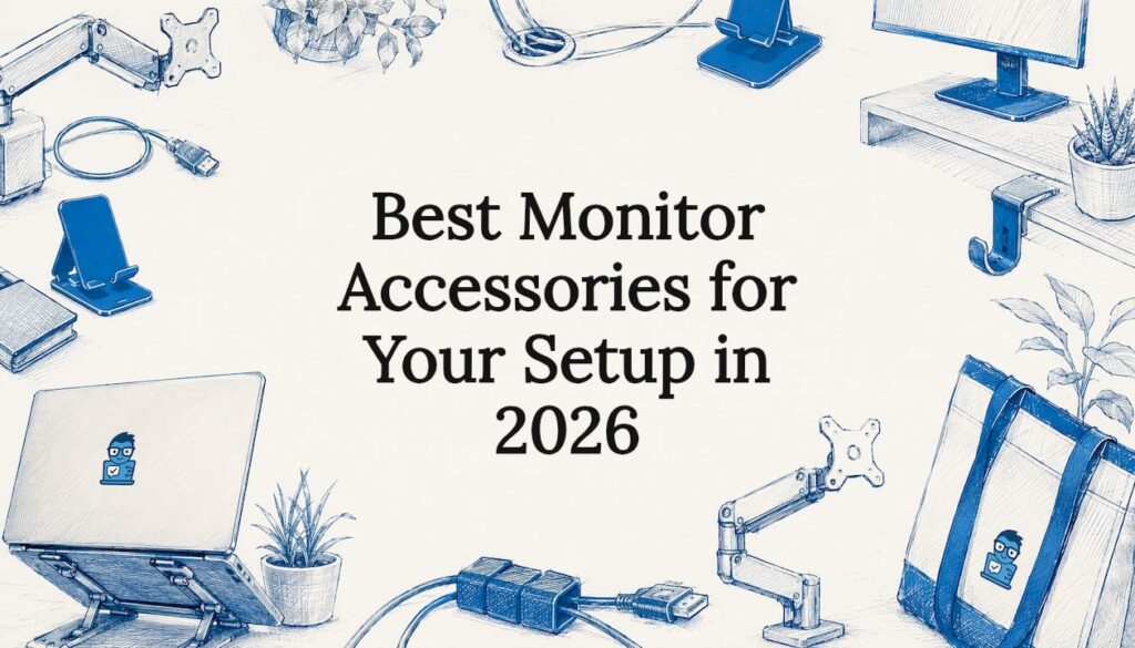 Decorative title card with monitor accessory illustrations