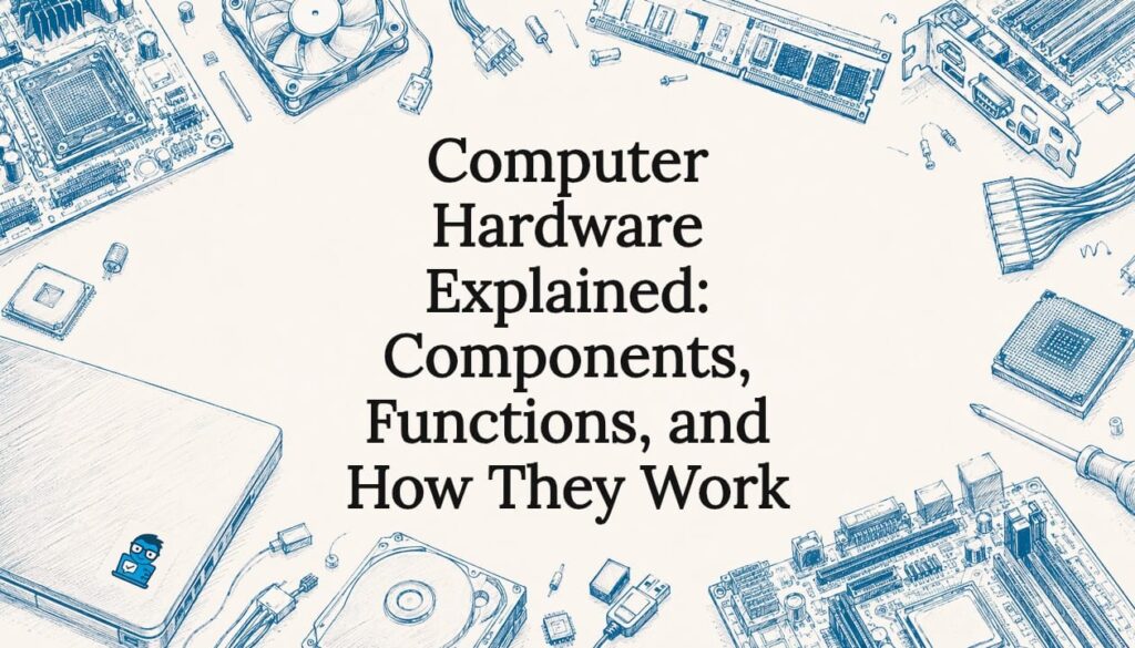Decorative computer hardware title card illustration