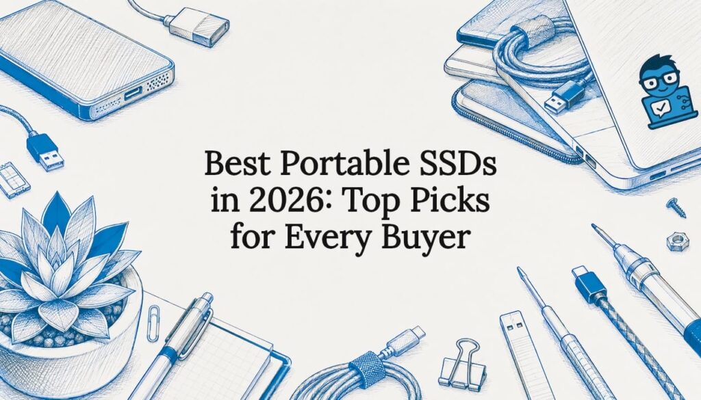 Decorative sketch-style title card illustration for portable SSD article