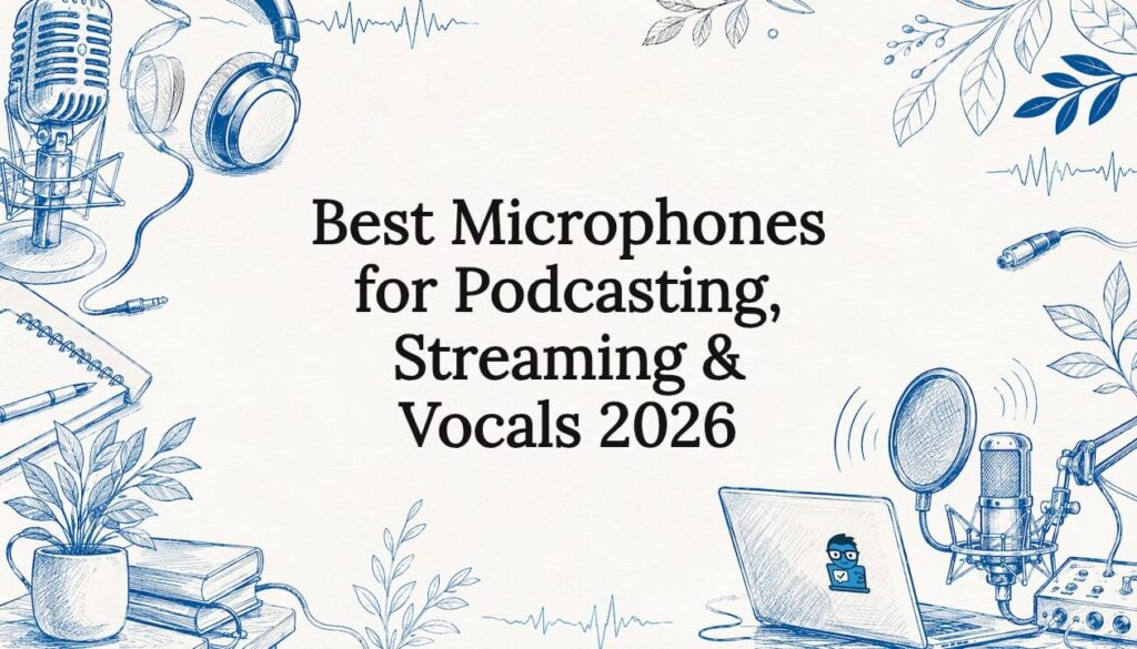 Decorative title card illustration with microphones and audio elements