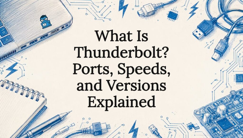 Decorative title card illustration featuring Thunderbolt-themed elements