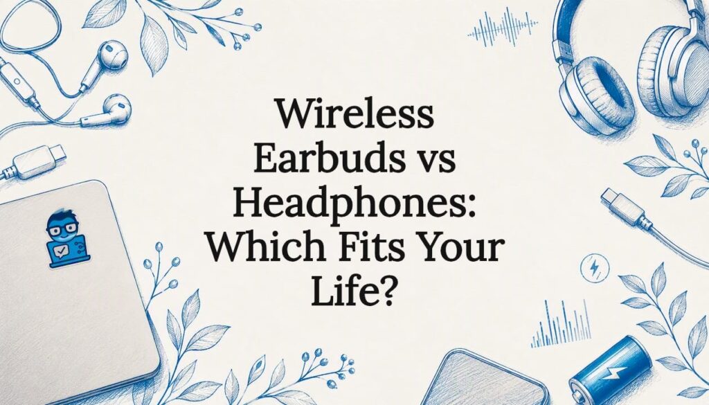 Decorative title card illustration with earbuds and headphones