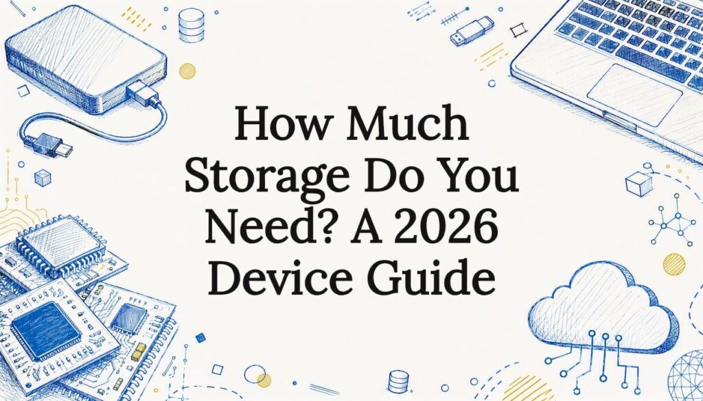 Decorative title card illustration of tech storage objects